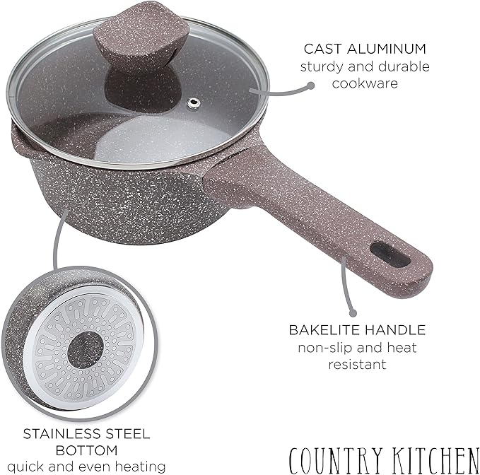 Country Kitchen Non-Stick Cast Aluminum Cookware Set - Durable Kitchen Cookware for Everyday Cooking Chocolate Brown 6 Pc.