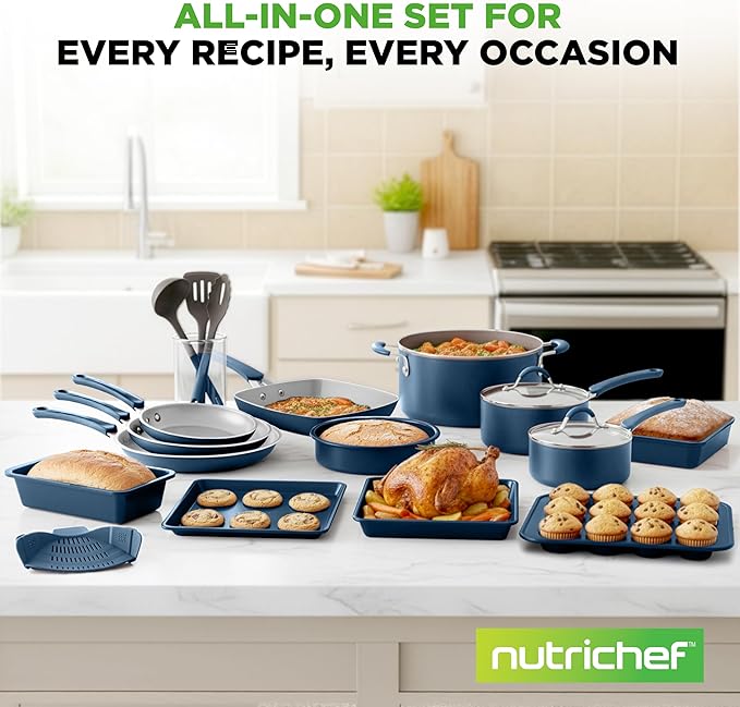 NutriChef Professional 20 Pc Pots and Pans Set Non Stick in Navy Blue - Includes Bakeware &amp Utensils Induction Ready Easy Clean