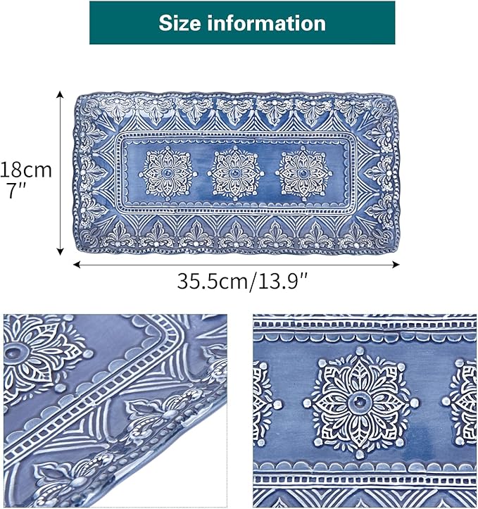 Sungmor Embossed Stoneware Fine Dining Dinnerware Antique Baroque Style 14 Long Rectangular Porcelain Serving Platter Set of 2 Sophisticated Ceramic Dish for Party Cookies Fruit Cheeses &amp Des