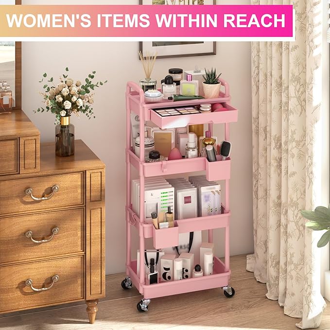 Goovilla 4 Tier Rolling Utility Cart Organizer with Removable Drawer Stable and Sturdy Pink Rolling Storage Carts with 2 Lockable Wheels for Bathroom Kitchen Snack Craft Makeup Baby Essentials