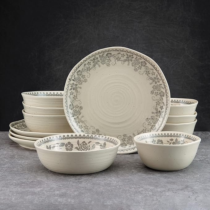 Pfaltzgraff Hayden Floral 12 Piece Dinnerware Set Service for 4 Grey