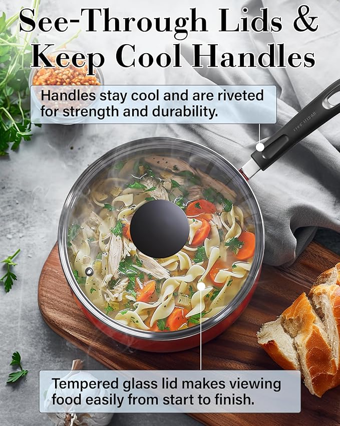Cook N Home Pots and Pans Nonstick Cookware Set 10-Piece Belly Shape Kitchen Cooking Set with Frying Pans and Saucepans Induction Compatible Marble Red