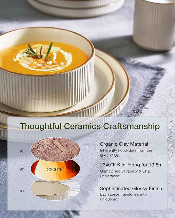 Famiware Star Dinnerware Set Plates and Bowls Sets for 4 (12pcs) Ribbed Stoneware Dishes with Trim - Chip &amp Scratch Resistant Microwave &amp Dishwasher Safe Cream