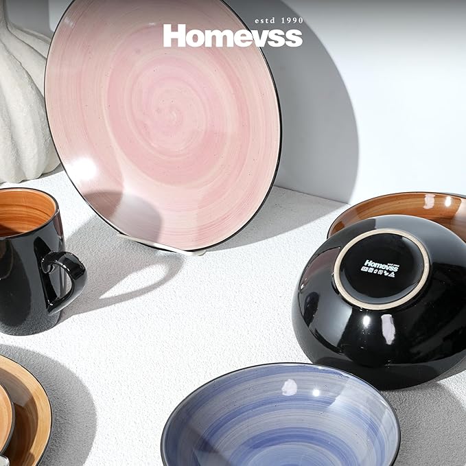 Sonoma 16pc Stoneware Dinnerware Set Outside Black + Inside Hand Painting Combi Colors of Cobalt Mocha Rose and Spice with Speckle