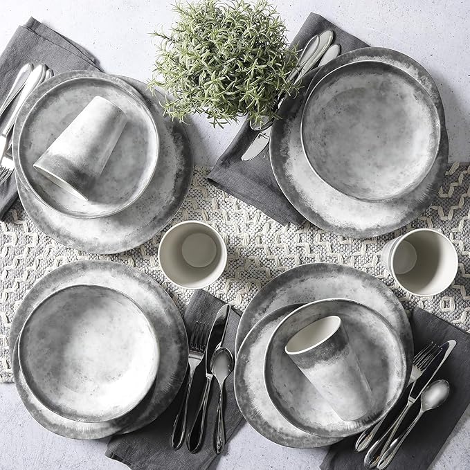 Organic Decal 16 Piece Melamine Dinnerware Set Gray and White Plates Bowls &amp Tumblers Service for 4 Break-Resistant Indoor Outdoor Dining