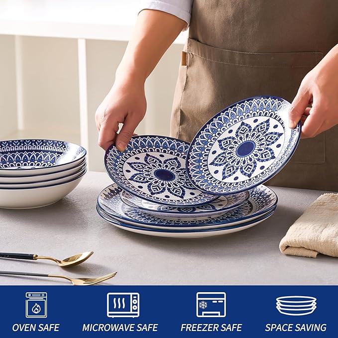 Bestone Ceramic 12-Pieces Dinnerware Sets Ceramic Dish Plates and Bowls Sets Dishes Set for 4 Dinner Salad Dessert Plates and Cereal Bowls Set GiftVintage Blue