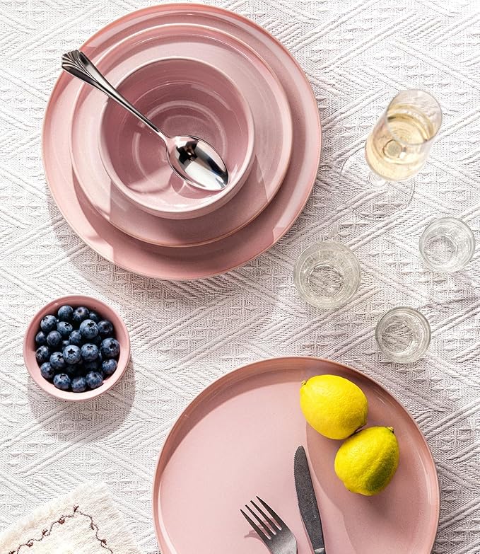 TheTerra Ceramic Dinnerware Sets for 4 12 Pieces Handmade Reactive Glaze Plates and Bowls Set Scratch Resistant Dish Set Oven &amp Microwave &amp Dishwasher Safe Sakura Pink