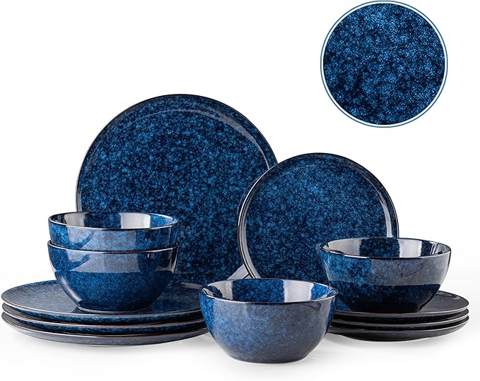 Plates and Bowls Sets 12 Pieces Dark Blue Dinnerware Sets for Kitchen Reactive Glaze Dishes Set for 4 Dishwasher and Microwave Safe Series Starflecked Shore(Dark Blue)
