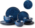 Plates and Bowls Sets 12 Pieces Dark Blue Dinnerware Sets for Kitchen Reactive Glaze Dishes Set for 4 Dishwasher and Microwave Safe Series Starflecked Shore(Dark Blue)