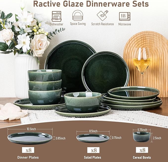 GBHOME Ceramic Dinnerware Sets for 8 24 Pieces Stoneware Plates and Bowls Sets Reactive Glaze Dishes -Scratch Resistant Dishwasher&ampMicrowave Safe Earth Green