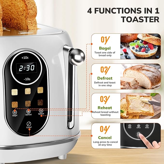 Keenstone Smart Touch Screen Toaster 2 Slice Retro Wide Slot Stainless Steel Toaster with 6 Browning Levels Reheat &amp Defrost for Bagel Toast Bread Removable Crumb Tray White
