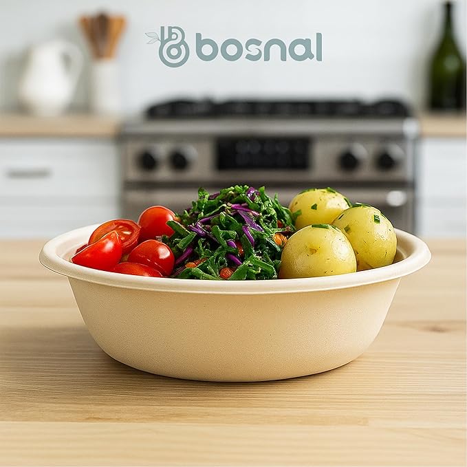 BOSNAL 10 inch &amp 7 inch Round Plates 10 inch Oval Plates 32 oz Bowls &amp 8 oz Cups with Lidss &amp Cutlery – 100% Plant-Based Bagasse Eco-Friendly Compostable Microwave Safe Durable Dinne