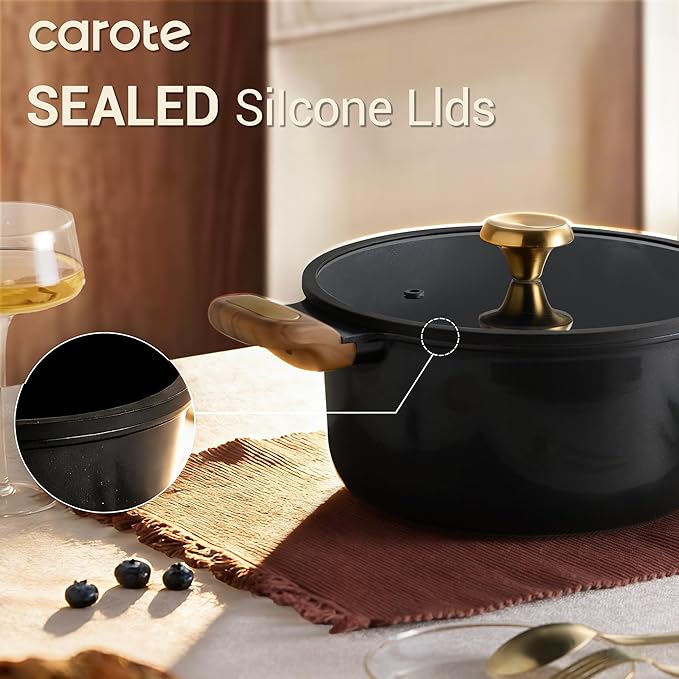 CAROTE Ceramic Cookware Set Nonstick 16pcs Pots and Pans Set Nonstick Non-Toxic &amp PFAS-Free Dishwasher RV/Camping Cookware Set Cooking Pots with Lids Charcoal Black