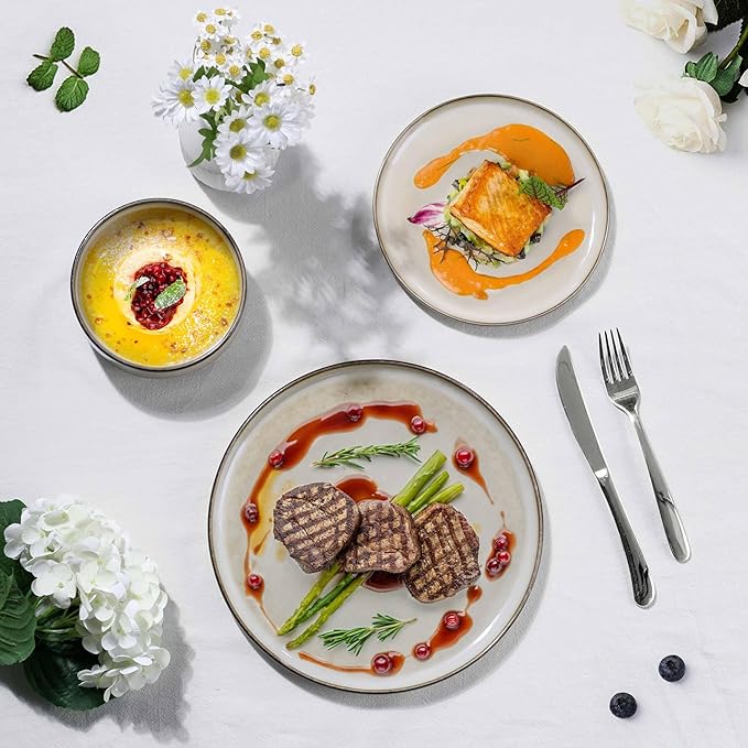 Herogo Dinnerware Sets with Pasta Bowls 16 Piece Plates and Bowls Set for 4 Modern Stoneware Dinner Dishes for Kitchen Dinning Dishwasher &amp Microwave Safe Cream Khaki