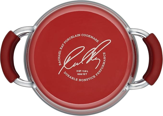 Rachael Ray Cucina Nonstick Cookware Pots and Pans Set 12 Piece Cranberry Red &amp Cucina Nonstick Sauce Pot/Saucepot with Steamer Insert and Lid 3 Quart Cranberry Red