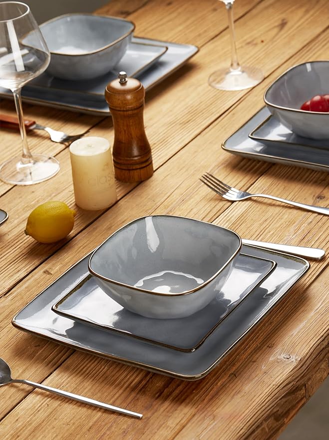 Famiware Ocean Square 12 Pieces Dinnerware Set + 6 Pieces Oval Dipping Bowl Set Microwave and Dishwasher Safe Blue