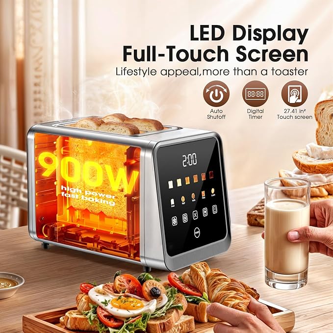 Touch Screen Toaster 2 Slice Stainless Steel Smart Digital Toasters with Single Slot Toasting Memory Function 5 Bread Types &amp 6 Shade Settings1.5 Wide Slot 900W