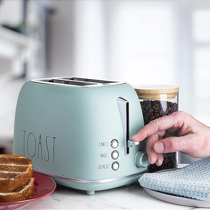 Rae Dunn Retro Rounded Bread Toaster 2 Slice Stainless Steel Toaster with Removable Crumb Tray Wide Slot with 6 Browning Levels Bagel Defrost and Cancel Options Green