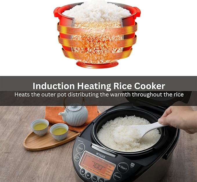 Tiger Corporation JKT-D18U 10-Cup Capacity Induction Heating Electric Rice Cooker with 12 Menu Setting 24-Hour Keep Warm Setting Spatula and Measuring Cup (Black and Stainless Steel)