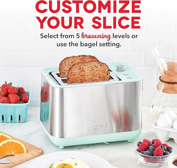 Dash SmartStore® 2-Slice Toaster - Five-Browning Levels Extra-Wide Slots &amp Compact Size - Included Storage Lid - 1-Touch Bagel &amp 15-Second Functions - Aqua