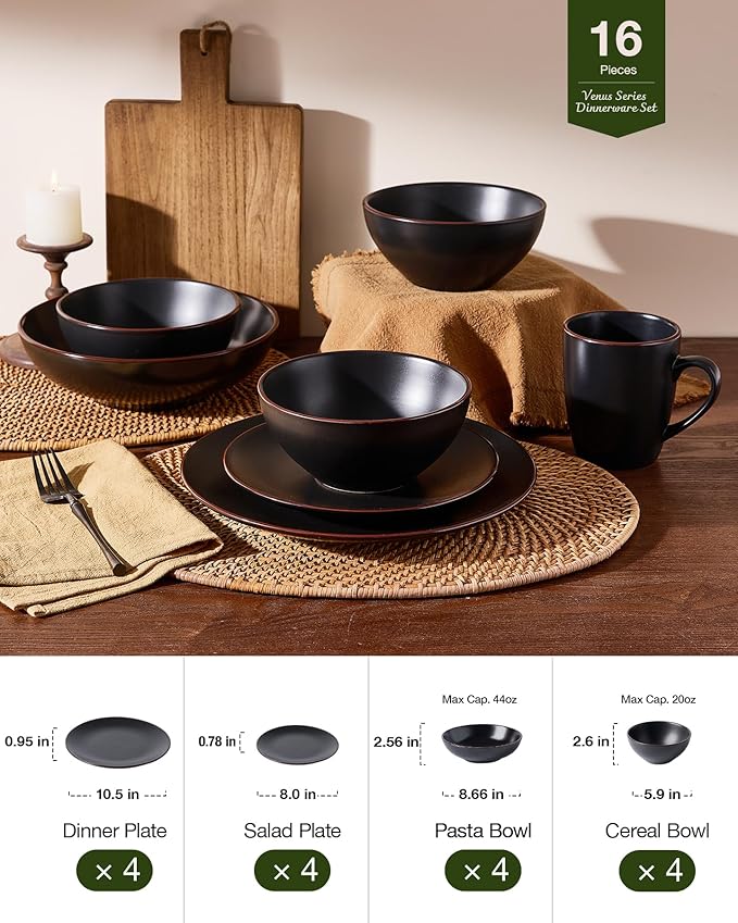 Famiware Venus Stoneware Dinnerware Set with Pasta Bowls for 4 (16 Pieces) Modern Plates and Double Bowls Matte Black - Microwave &amp Dishwasher Safe Dishes with Trim for Everyday &amp Formal Use