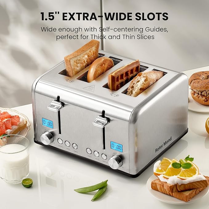 Roter Mond Countdown Stainless Steel 4 Slice Toaster with Bagel Defrost Cancel Function Dual Toaster Extra Wide Slots 6 Shade Settings Removable Crumb Trays 1650W
