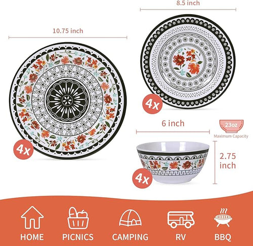12-Piece Melamine Dinnerware Sets Unbreakable Dinner Dishes Set for Indoor and Outdoor Use Dishwasher Safe Lightweight Dinner Service for 4 Black and White