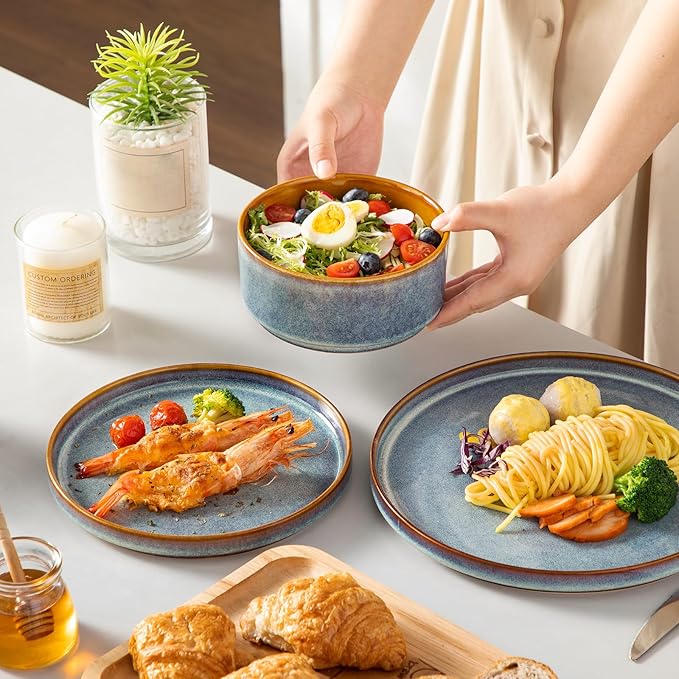 vancasso ONION Ceramic Plates and Bowls Sets 12 Pieces Blue Dinnerware Sets and 16 oz Large Ceramic Coffee Cups Set of 6 Stoneware Mugs with Handle for Latte Tea Cappuccino