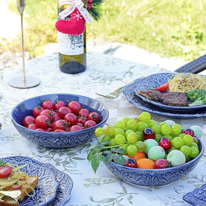 Sungmor Embossed Stoneware Fine Dining Dinnerware Antique Baroque Style Porcelain 8 Inch Large Serving Bowls Set of 2 Sophisticated Ceramic Bowls for Salad Soup Cereal Pasta