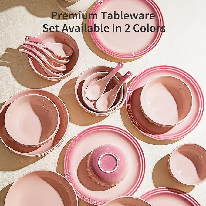 12-Piece Pink Ceramic Dinnerware Set - Monazone Series Service for 4 Includes Bowls &amp 8''/9'' Plates Glossy Finish