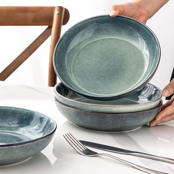 AmorArc Ceramic Dinnerware Sets with Pasta Bowl Handmade Reactive Glaze Plates and Bowls SetsHighly Chip and Crack Resistant | Dishwasher &amp Microwave Safe Dishes Set Service for 4 (16pc)