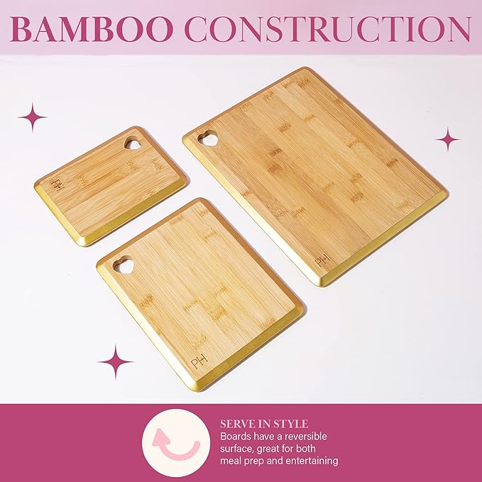 Paris Hilton Reversible Bamboo Cutting Board Set with Heart Shaped Cut-Out Design Glamorous Gold Edge Detail and Multiple Board Sizes 3-Pieces Gold