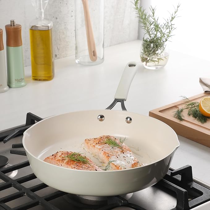 Martha Stewart Heathland 11 Inch Aluminum Fry Pan with Premium Ceramic Non-Stick Coating - Kitchen &amp Omelet Pan Linen White Induction Safe