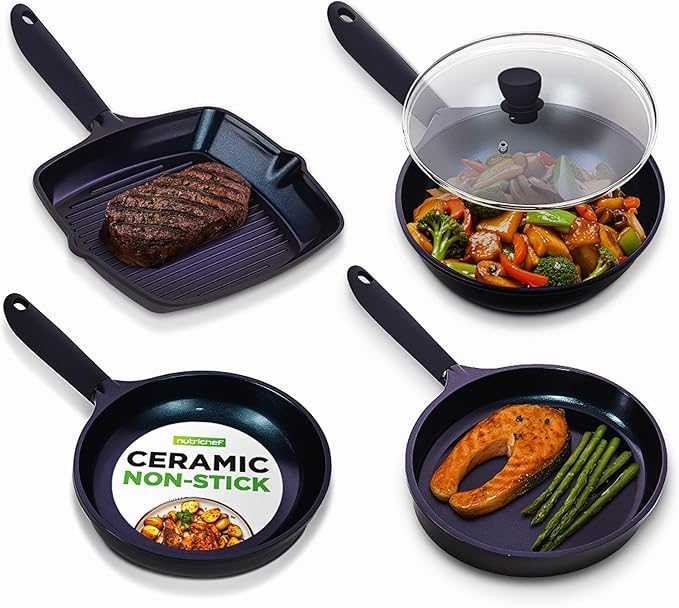 NutriChef Non Stick Frying Pans Set 5-Piece Blue Diamond Ceramic Cookware with Lid Nonstick Frying Pan for Gas Electric Ceramic &amp Induction Cooktops PTFE/PFOA Free Bakelite Soft-Touch Handle