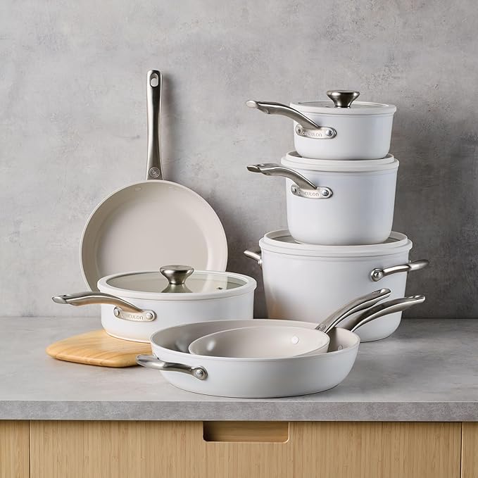 Circulon Halo with LaserDefense Ceramic Nonstick Pots and Pans with Lids Compatible with All Stovetops Made without PFAS Dishwasher and Oven Safe 11 Piece Cookware Set - Pearl White