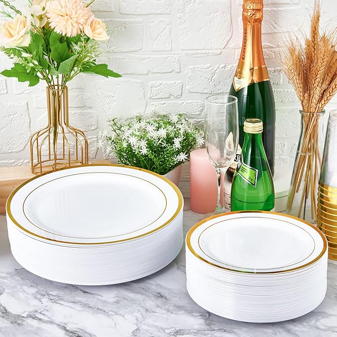 JollyPack 100 Piece Disposable Gold Plastic Party Plates Including 50 10 Inch Dinner Plates and 50 7 Inch for Dessert Great for Parties Weddings Home Use and Thanksgiving