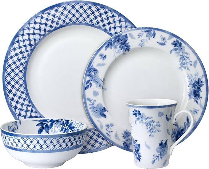 Mikasa Kiley Bone China Lightweight Chip Resistant 16 Piece Dinnerware Set Service for 4Blue and White