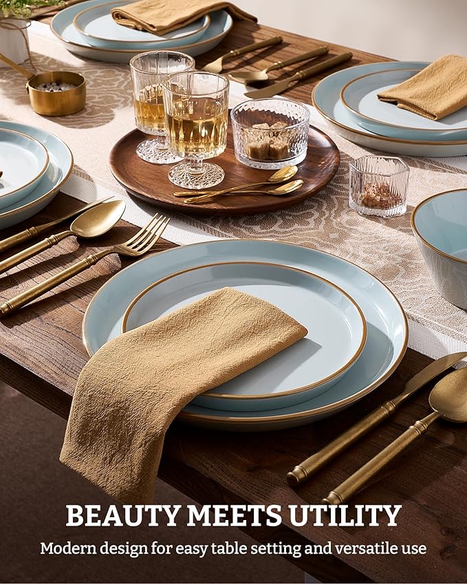 Famiware Saturn Stoneware Dinnerware Sets for 8 (24 Pieces) Ceramic Plates and Bowls Dish Sets with Hand-Painted Trim - Chip &amp Scratch Resistant Microwave &amp Dishwasher Safe Tableware Light