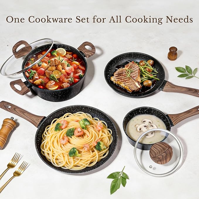 EWFEN 25 Pcs Pots and Pans Set Nonstick Ceramic Cookware Sets Healthy Non-Toxic Large Capacity Induction Compatible Cooking Set with Frying Pans &amp Saucepans PFAS/PTFE/PFOA Free Classic Blac