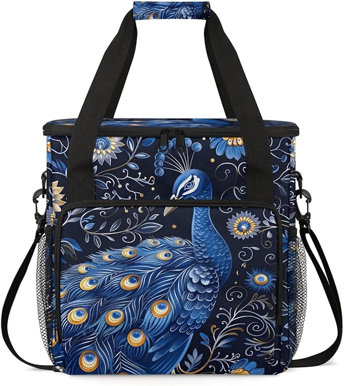 Peacock Floral Flower Coffee Maker Travel Bag for Keurig K-Mini/K-Mini Plus Insulated Waterproof Tote with Pockets for K-Cup Portable Single-Serve Brewer Case