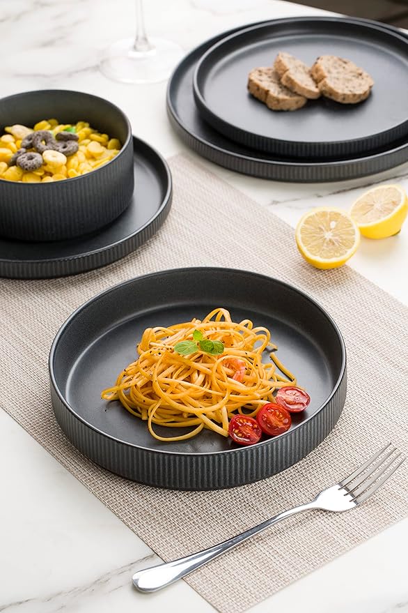 Famiware Star Dinnerware Set with Plates and Bowls Service for 4 (16-Piece) Stoneware Kitchen Dishes Dinner Sets - Full Glaze Matte Dark Charcoal