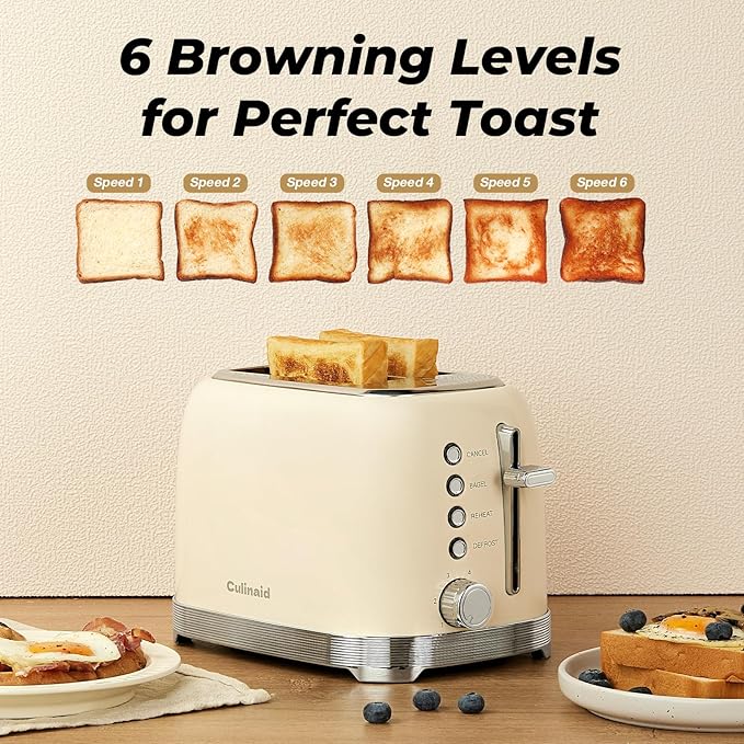 Toaster 2 Slice Retro Stainless Steel with 1.5” Extra Wide Slots Bagel Defrost Reheat Cancel Functions 6 Bread Shade Settings Removable Crumb Tray Cream White