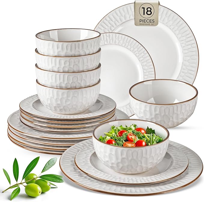 GBHOME Ceramic Dinnerware Sets18 pcs Embossed Elegant Stoneware Plates and Bowls Sets Housewarming Wedding Gift | Dishwasher &amp Microwave Safe | Dishes Set Service for 6
