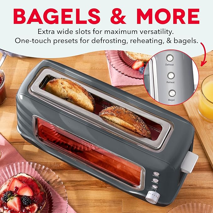 DASH Clear View Toaster: Extra Wide Slot Toaster with See Through Window - Defrost Reheat + Auto Shut Off Feature for Bagels Specialty Breads &amp other Baked Goods - Grey