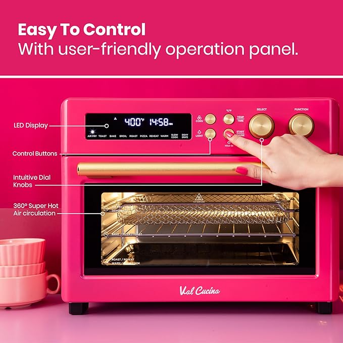 VAL CUCINA Limited Edition Happy Pink Infrared Heating Air Fryer Toaster Oven Extra Large Countertop Convection Oven 10-in-1 Combo 6-Slice Toast Enamel Baking Pan Easy Clean with Recipe Book