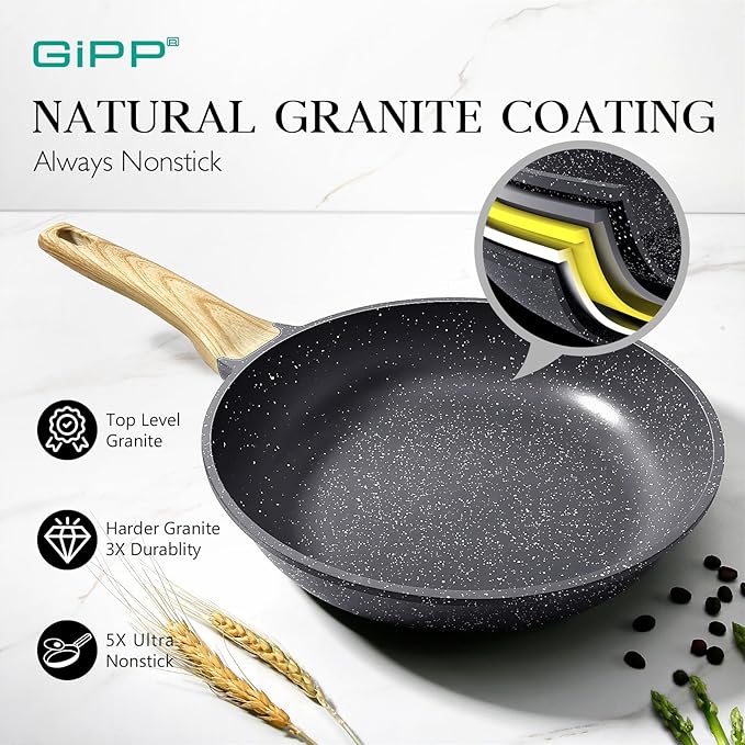 GiPP Pots and Pans Set Non Stick - 22 Pcs Grey Granite Kitchen Cookware Sets Nonstick Induction Cookware Non-toxic Cooking Pan Set with Lids PFOS and PFOA Free