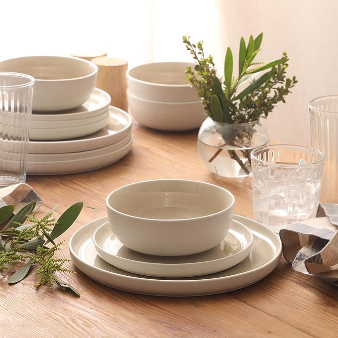 Gibson Elite Tahoe Sunset 12-Piece Reactive Stoneware Dinnerware Set – Matte Exterior &amp Shiny Interior Plates and Bowls Durable Everyday Dish Set Microwave &amp Dishwasher Safe - Taupe