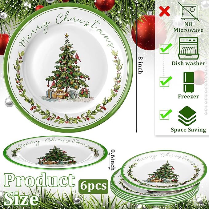 6 Pcs Christmas Melamine Plates Dinner Salad Plates Xmas Tree Dinnerware Xmas Wreath Dishes Holiday Tableware for Dessert Salad Appetizer Birthday Party(Christmas Tree8 Inches)