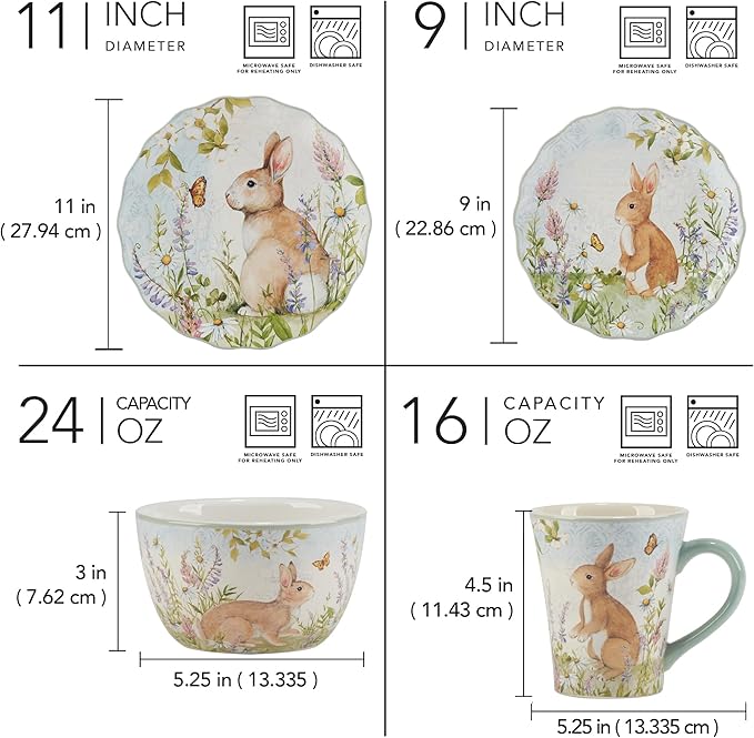 Easter Meadow 16-Piece Ceramic Dinnerware SetService for 4 – Bunny &amp Floral Design Perfect for Easter Spring Holiday Dining – Durable Microwave &amp Dishwasher Safe