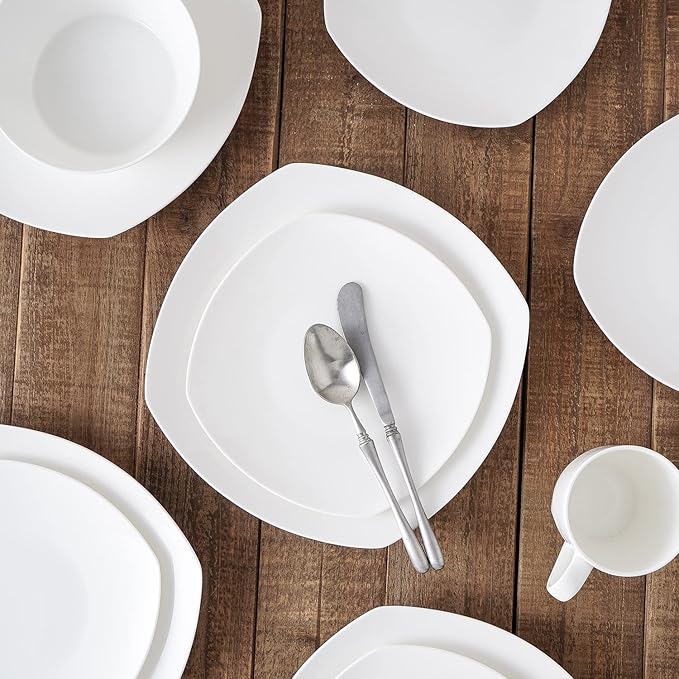 Stone Lain Bone China Soft Square 16 Piece Dinnerware Set White